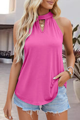 Tied Cutout Grecian Neck Tank Hot Pink OutfitFlow