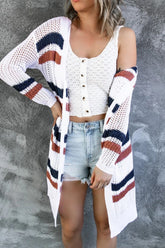 Contrast Openwork Open Front Long Sleeve Cardigan White OutfitFlow