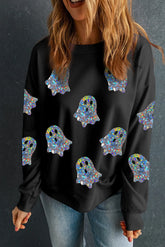Ghost Round Neck Long Sleeve Sweatshirt Black OutfitFlow