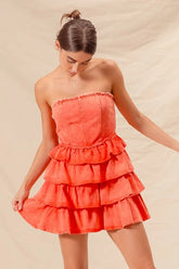 SO ME Strapless Ruffle Layered Game Day Cheer Up Dress ORANGE OutfitFlow