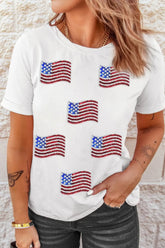 Sequin American Flag Patched Casual T Shirt White OutfitFlow
