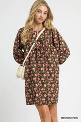 Umgee Floral Tie-Neck Babydoll Dress BROWN PINK OutfitFlow