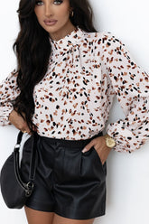 Printed Mock Neck Balloon Sleeve Blouse White OutfitFlow