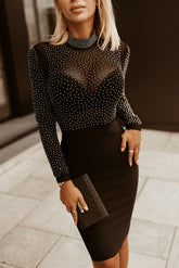 Rhinestone Mock Neck Long Sleeve Dress Black OutfitFlow
