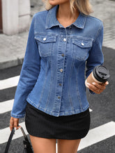 Button Up Long Sleeve Denim Jacket Blue OutfitFlow