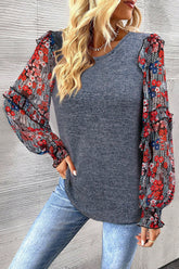 Heathered Floral Frill Lantern Sleeve Blouse Dark Gray OutfitFlow