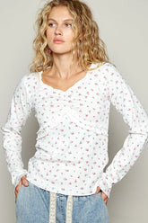 POL Floral V-Neck Long Sleeve T-Shirt White OutfitFlow