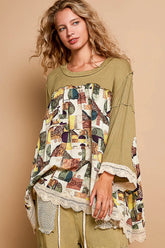 POL Bohemian Geometric Print Long Sleeve Top with Lace Trim MOSS GREEN OutfitFlow