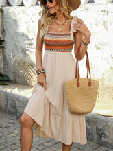 Tie Shoulder Square Neck Tiered Midi Dress Tan OutfitFlow