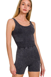 Zenana Washed Sports Romper With Removable Bra Pad BLACK OutfitFlow