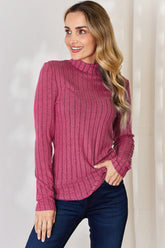 Basic Bae Full Size Ribbed Mock Neck Long Sleeve T-Shirt Hot Pink OutfitFlow