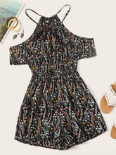 Tied Printed Short Sleeve Romper Black OutfitFlow