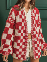 Checkered Open Front Long Sleeve Cardigan Deep Red OutfitFlow