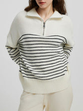 Striped Half Zip Long Sleeve Sweater Black One Size OutfitFlow