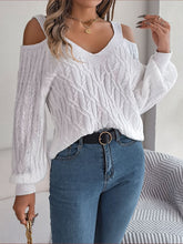 Cable-Knit Cold Shoulder Long Sleeve Sweater White OutfitFlow