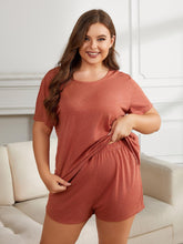 Plus Size Round Neck Short Sleeve Two-Piece Loungewear Set Rust OutfitFlow