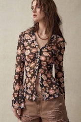 Floral Button-Front Shirt with Bell Sleeves Black OutfitFlow