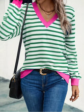 Striped V-Neck Long Sleeve T-Shirt Green Trendsi