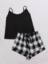 Plus Size Lace Trim Scoop Neck Cami and Printed Shorts Pajama Set Black Plaid OutfitFlow
