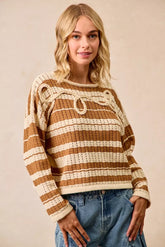 BiBi Striped Open Knit Sweater Top with Front Braided Detail BROWN OutfitFlow