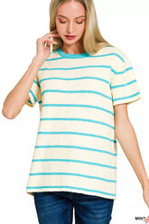 Zenana Textured Striped Crew Neck T-Shirt MINT Trendsi
