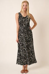 Mittoshop Side Slit Flower Print V-Neck Sleeveless Dress Black OutfitFlow