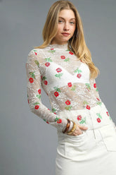 Umgee Floral Mock Neck Long Sleeve Sheer Top White OutfitFlow