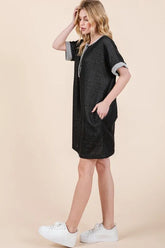 Casual Contrast Trim Henley Dress BLACK OutfitFlow