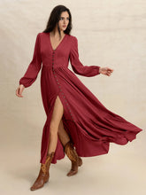 V-Neck Balloon Sleeve Ruffled Hem Maxi Dress Burgundy OutfitFlow