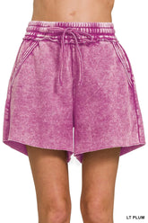 Zenana Acid Wash Fleece Drawstring Shorts With Pockets LT PLUM OutfitFlow