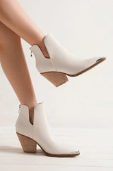 Beast Fashion Pointed Metal-Tip Toe Block Heel Ankle Boots White OutfitFlow