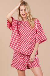 Ces Femme Checkered Round Neck Top and Shorts Set Red OutfitFlow