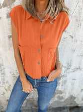 Full Size Button Down Cap Sleeve Linen Shirt Plus Size Orange OutfitFlow