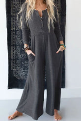 Pocketed Long Sleeve Wide Leg Jumpsuit Dark Gray OutfitFlow