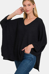 Zenana Full Size Waffle Knit V-Neck Long Sleeve Slit Top Black OutfitFlow