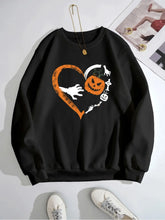 Halloween Heart Pumpkin Round Neck Sweatshirt Black OutfitFlow