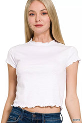 Zenana Cotton Modal Slub Lettuce Trimmed Cropped T-Shirt WHITE OutfitFlow