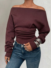 Off-Shoulder Ruched Long Sleeve Sweaer Red OutfitFlow
