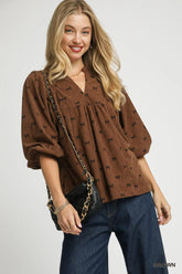 Umgee Corduroy Bow Print Balloon Sleeve Blouse Brown OutfitFlow