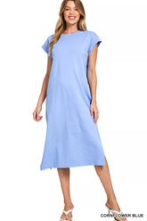 Zenana Round Neck Side Slit Midi Dress CORNFLOWER BLUE OutfitFlow