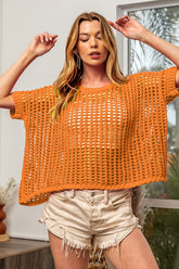 BiBi Hollowed Out Short Sleeve Knit Cover Up Orange OutfitFlow