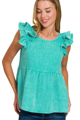 Zenana Double Gauze Acid Washed Tiered Ruffle Peplum Top TURQUOISE OutfitFlow