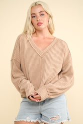 VERY J Exposed Seam V-Neck Ribbed Knit Top Mocha OutfitFlow