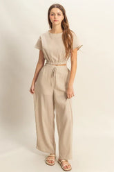 HYFVE Round Neck Short Sleeve Top and Pants Set Tan OutfitFlow