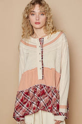 POL Round Neck Half Button Color Block Top with Merrow Edge Detail COCONUT MULTI OutfitFlow