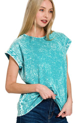 Zenana Crinkle Washed Round Neck Folded Short Sleeve Tee LT TEAL OutfitFlow