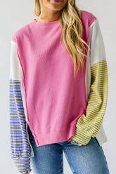 Exposed Seam Contrast Long Sleeve Sweatshirt Pink OutfitFlow