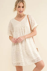 And The Why Woven Leopard Baby Doll Roll-Sleeve Casual Dress White OutfitFlow