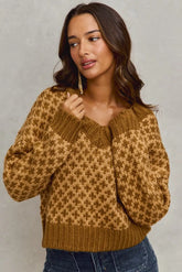 SO ME Color Block Textured Christmas Sweater V Neck Top CARAMEL BROWN OutfitFlow