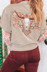 Mineral Wash Floral Steer Head Printed Back Western Fashion Tee Dust Storm OutfitFlow